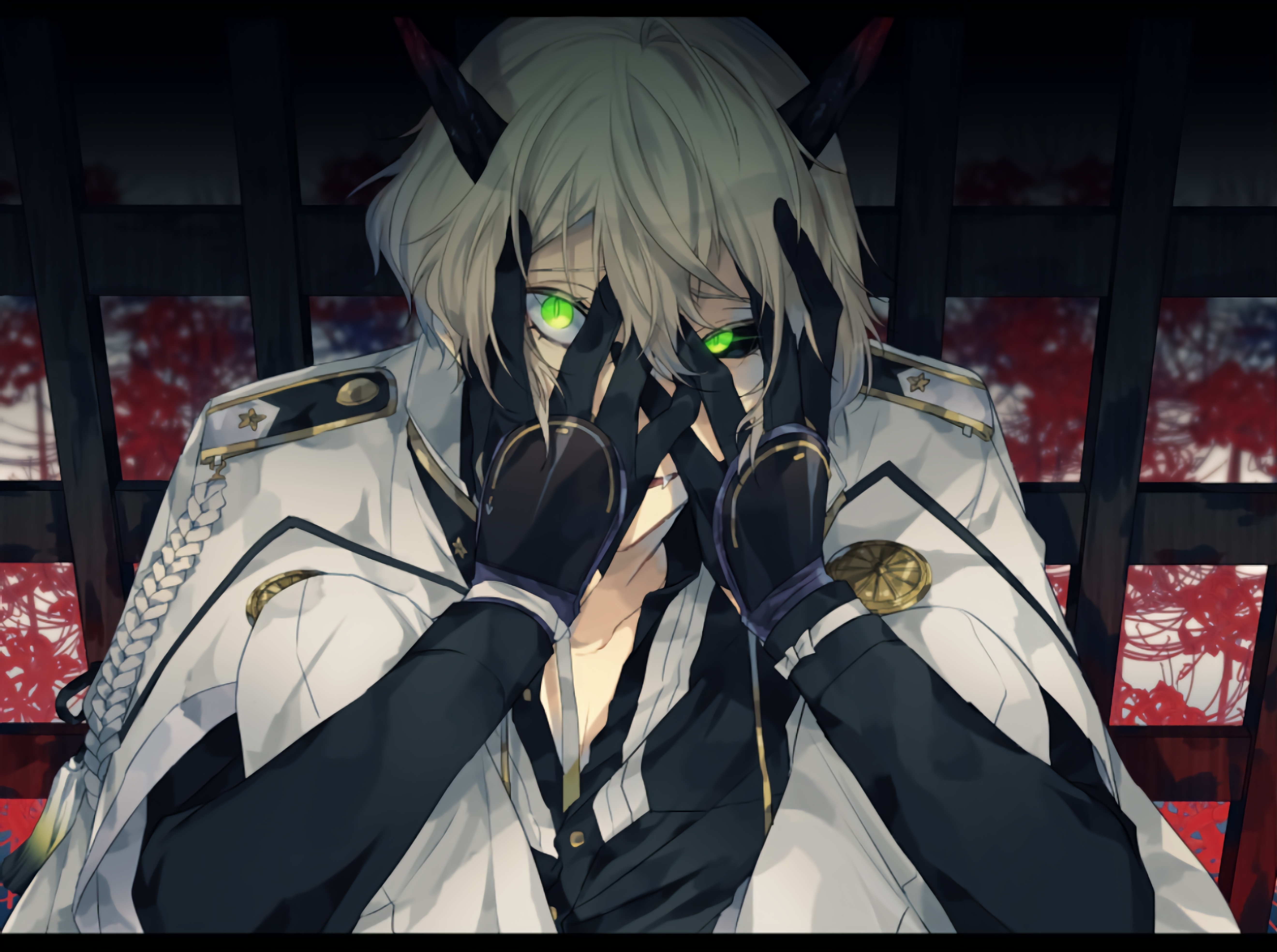 5280x3940 Download  Higekiri, Touken Ranbu, Hands On Face, Green Eyes, Anime Boy, Shoujo, Gloves, Creepy Smile Wallpaper, Desktop