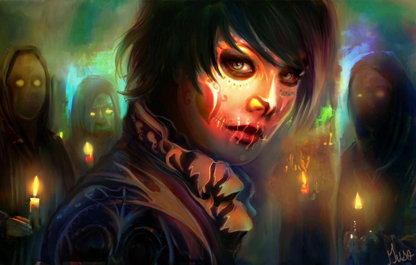 1340x850 Wallpaper girl, night, death, fire, dead, Calaveras Dia De, Desktop