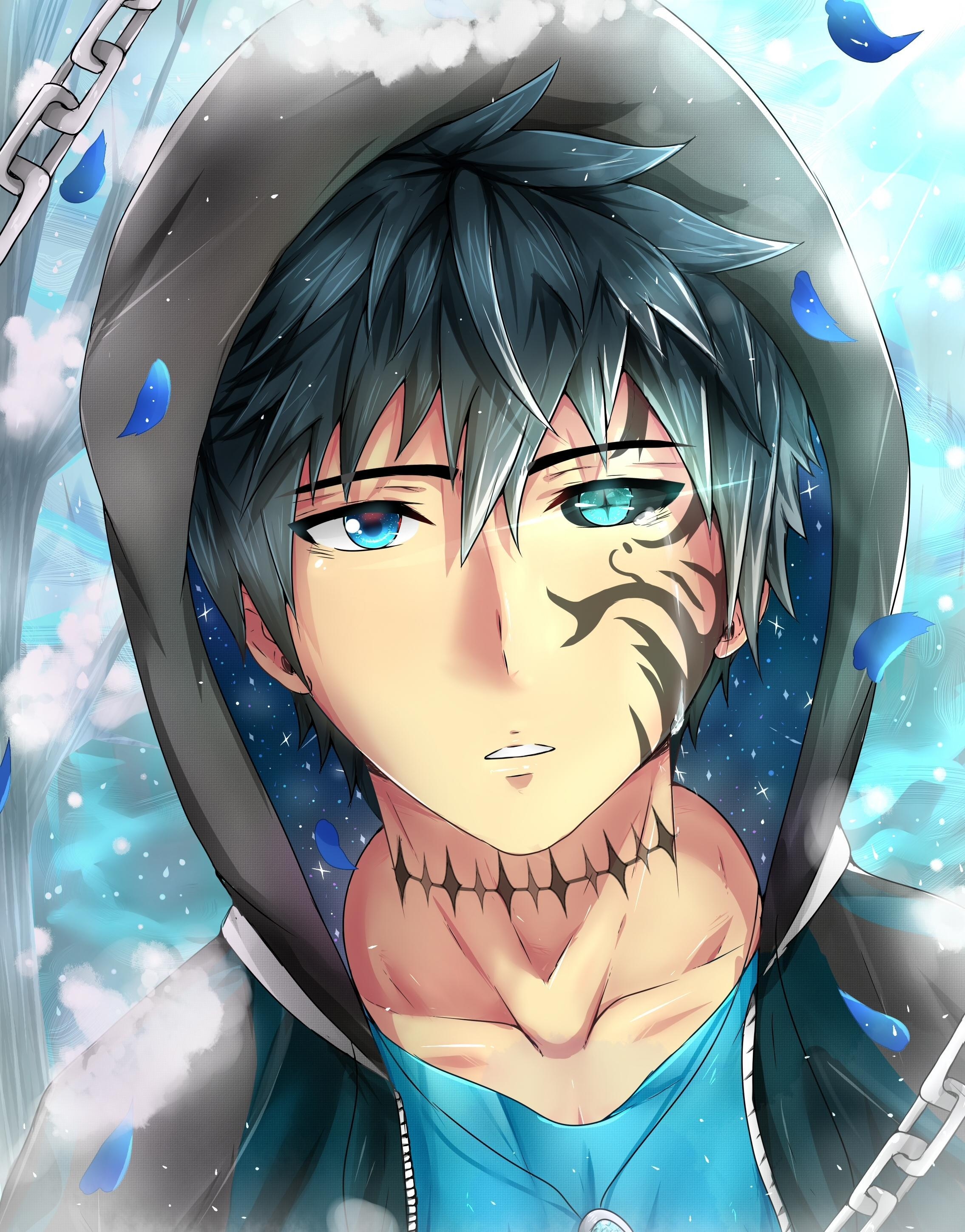 2270x2900 Download  Anime Boy, Tattoo, Colorful Eyes, Shape, Petals, Phone