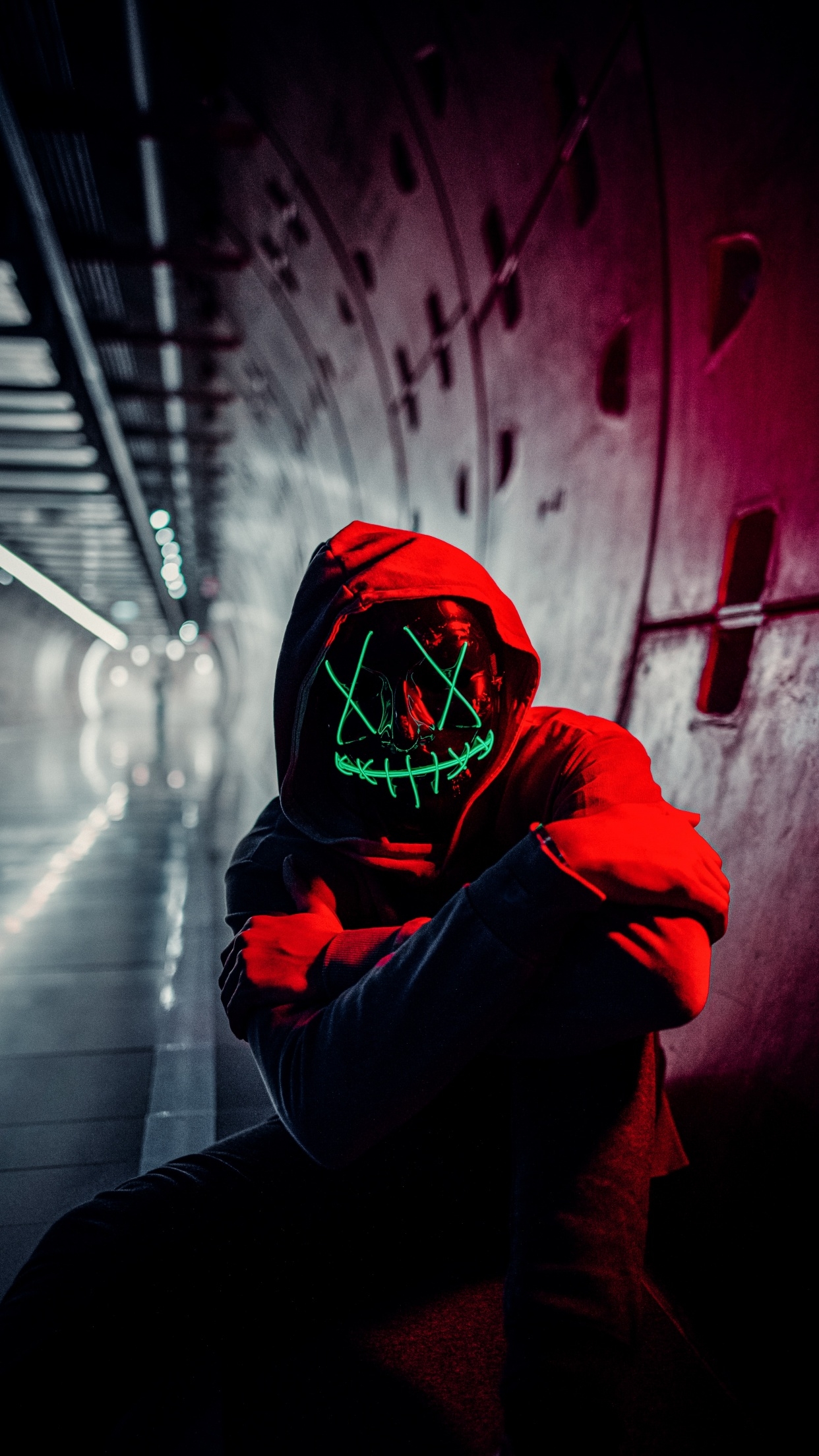 1250x2210 Neon Mask Wallpaper 4K, Red Hoodie, Tunnel, Photography, Phone