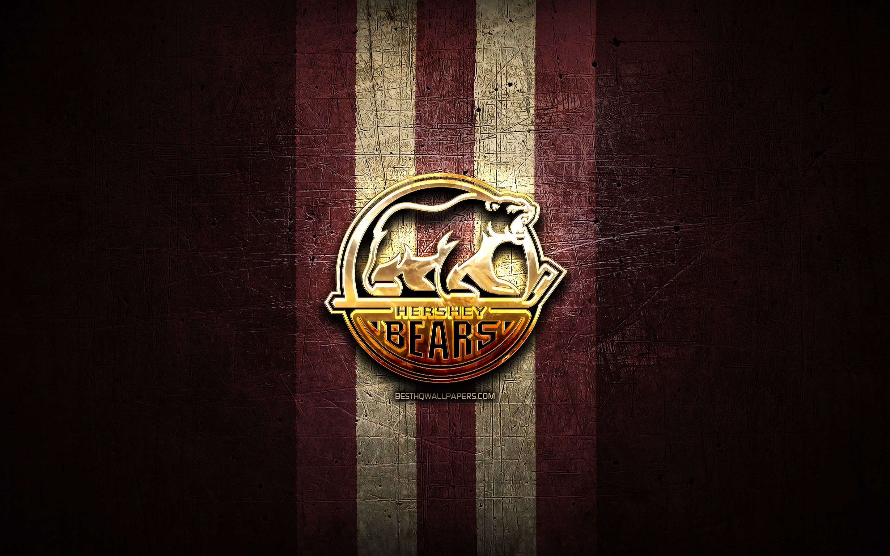 2880x1800 Download wallpaper Hershey Bears, golden logo, AHL, purple metal background, american hockey team, American Hockey League, Hershey Bears logo, hockey, USA for desktop with resolution. High Quality HD picture wallpaper, Desktop