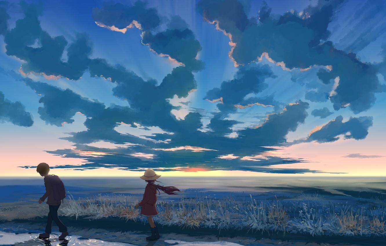 1340x850 Wallpaper the sky, clouds, sunset, nature, hat, anime, boy, art, Desktop