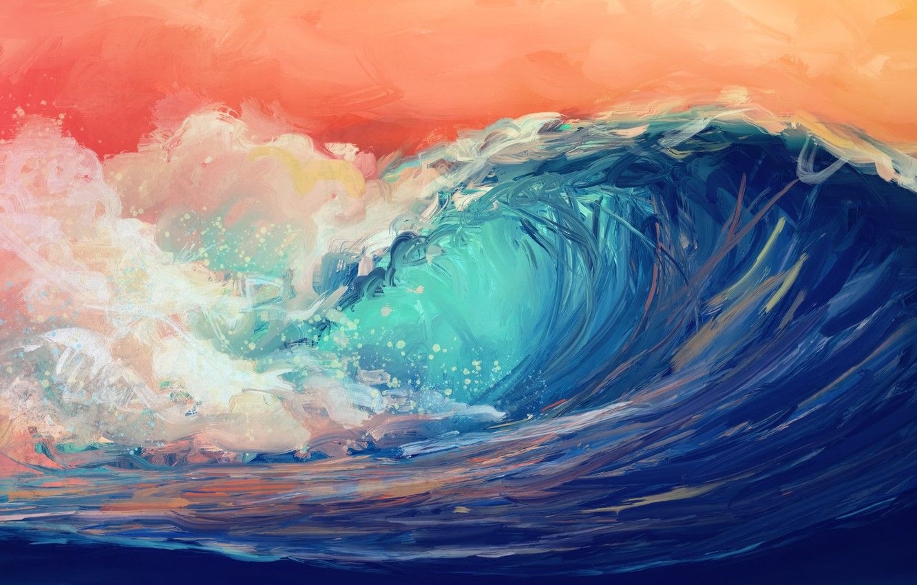 1340x850 Wallpaper waves, sky, water, art, digital art, artwork, Sea, orange sky image for desktop, section арт, Desktop