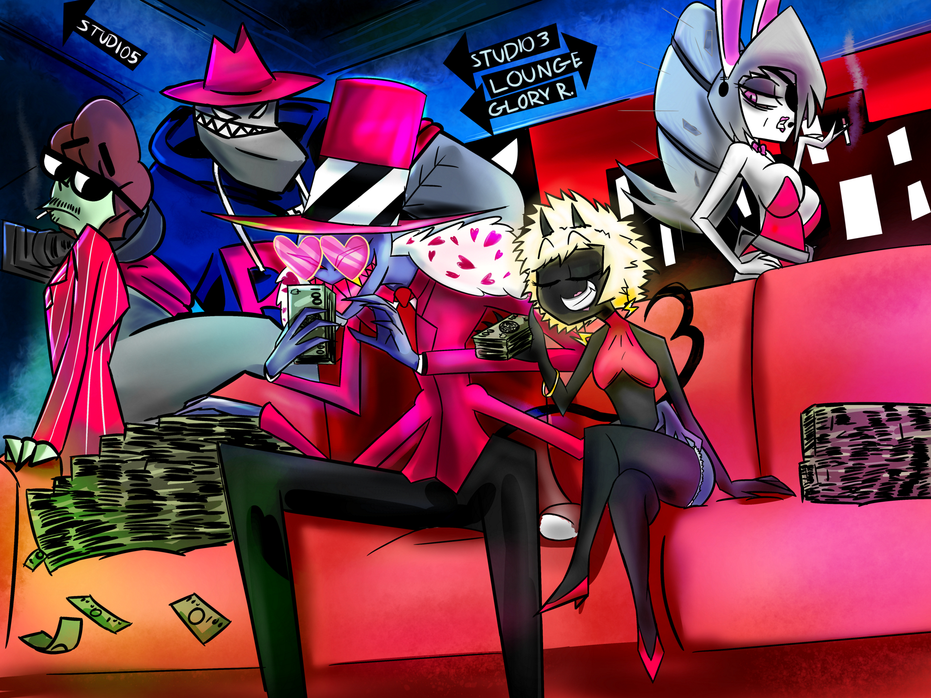 1920x1440 Valentino Enjoying a Pile of Money with a Bunch of OCs that Work for Him.: HazbinHotel, Desktop