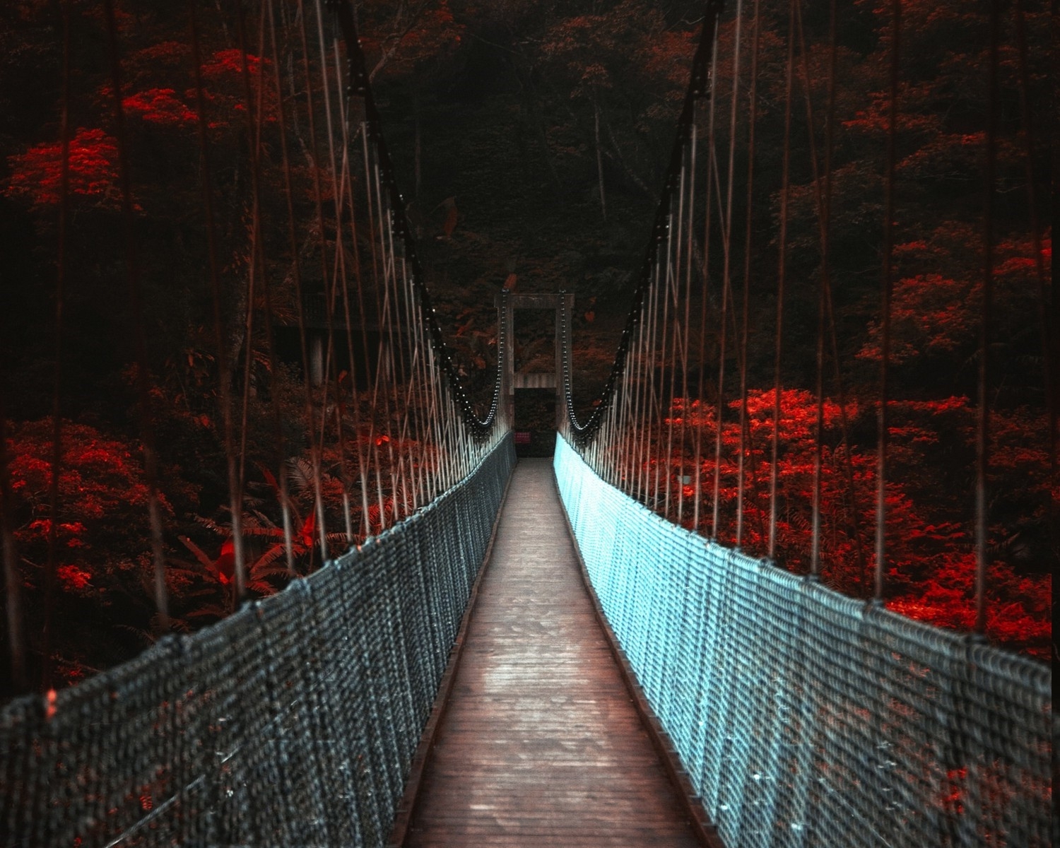 1500x1200 landscape nature dark fall bridge trees red wallpaper, Desktop