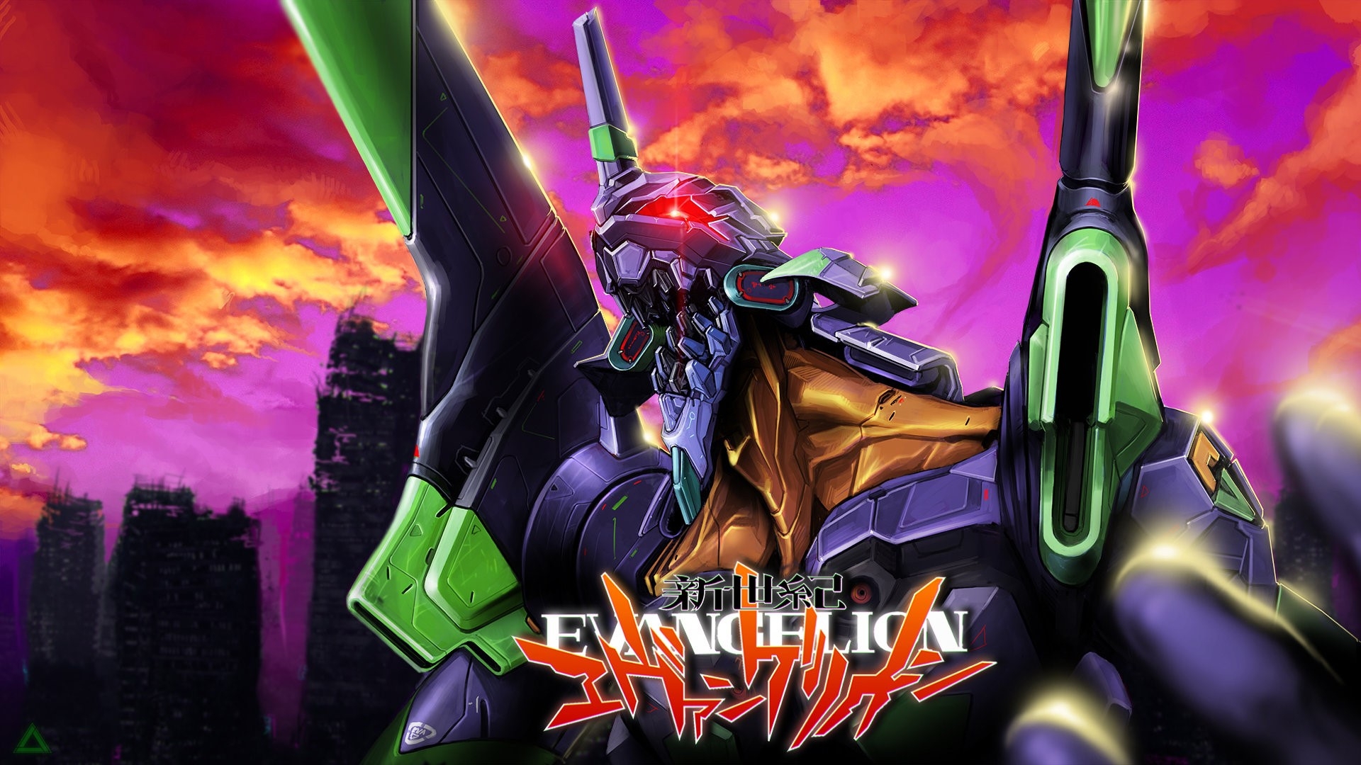 1920x1080 Wallpaper / artwork, digital art, Neon Genesis Evangelion, EVA Unit city, ruins, Robots free download, Desktop