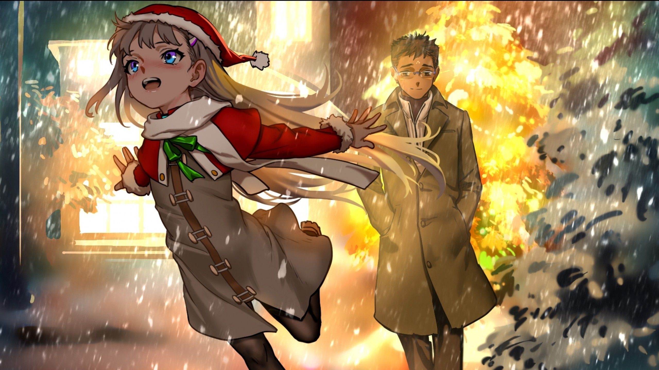 2560x1440 Download  Anime Girl And Boy, Christmas Snow, Winter, Loli Wallpaper for iMac 27 inch, Desktop