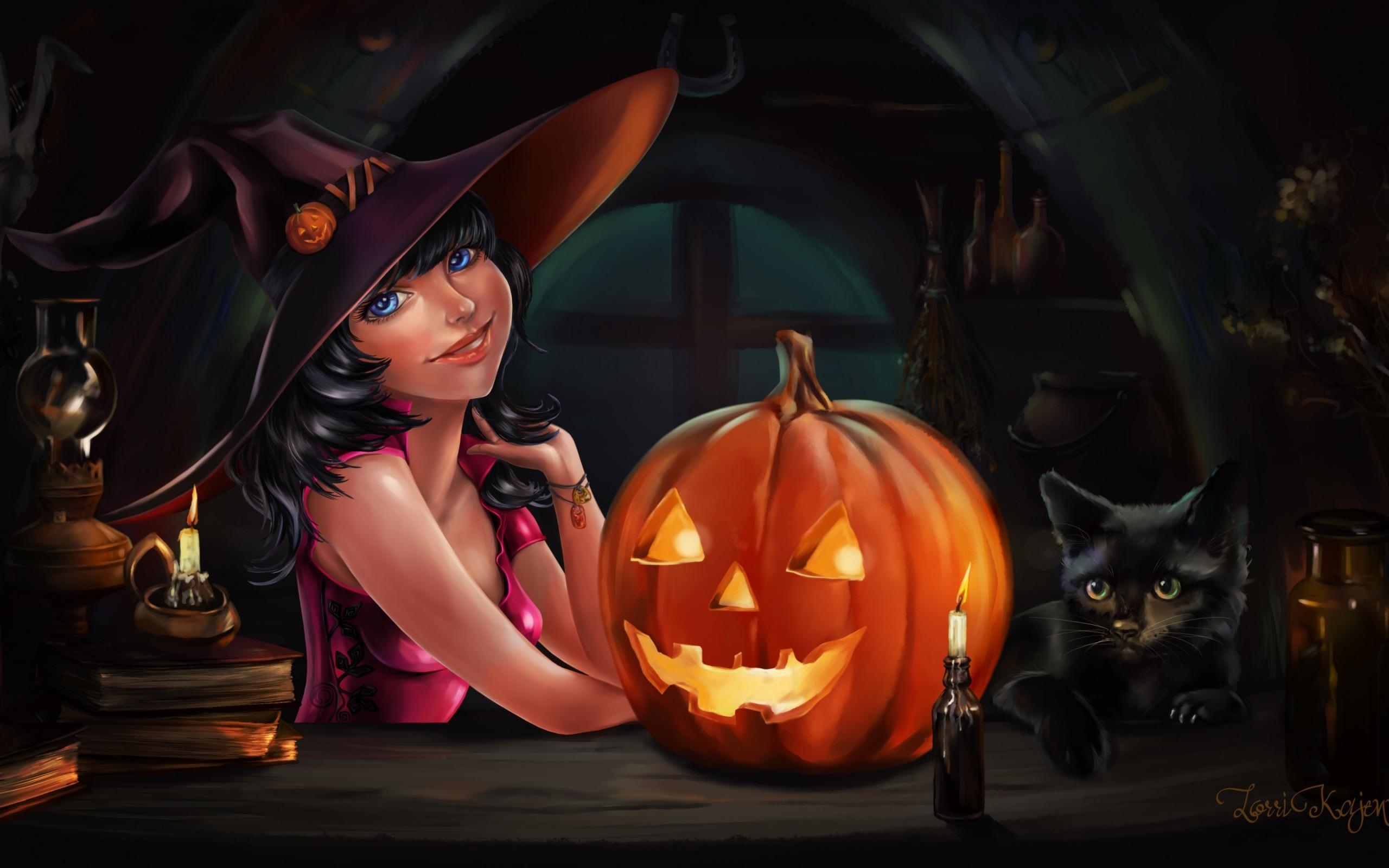 2560x1600 Halloween Girl, Carved Pumpkin, Candles burning, Black Cat, Desktop