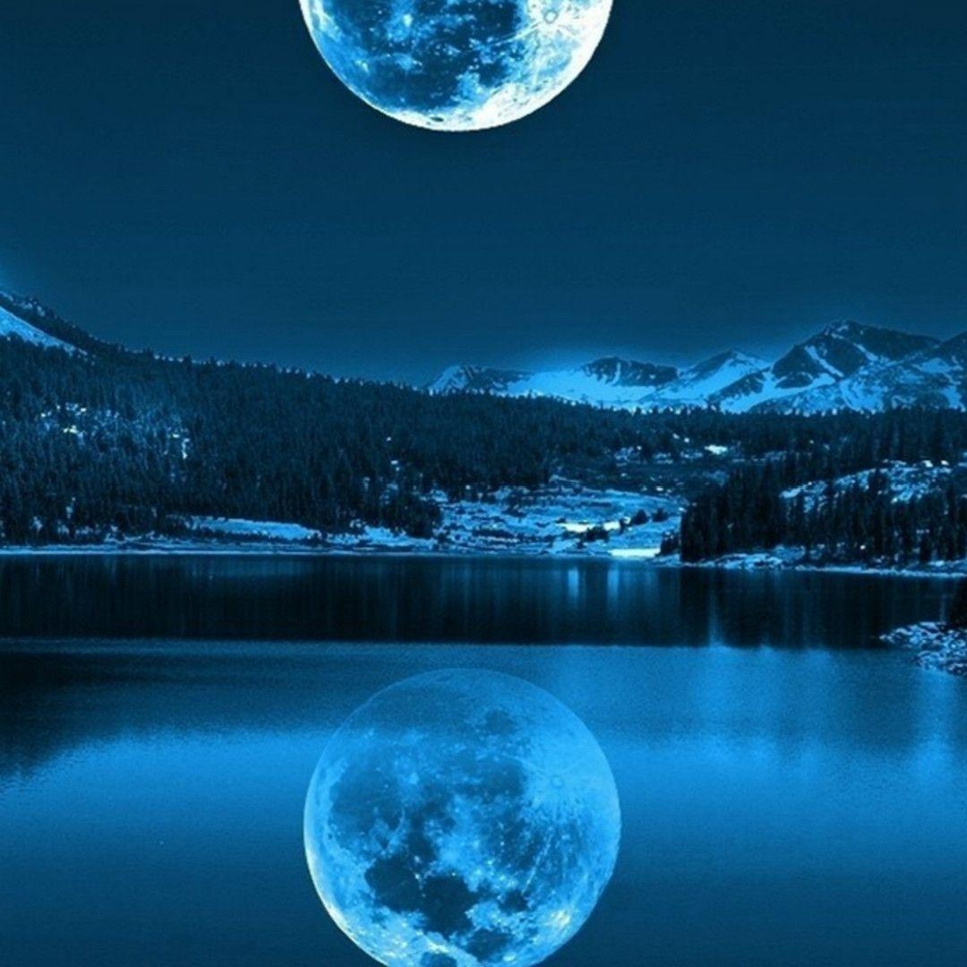 1080x1080 Night Calm Lake Mountains Super Moon Shadow HD Wallpaper, Phone