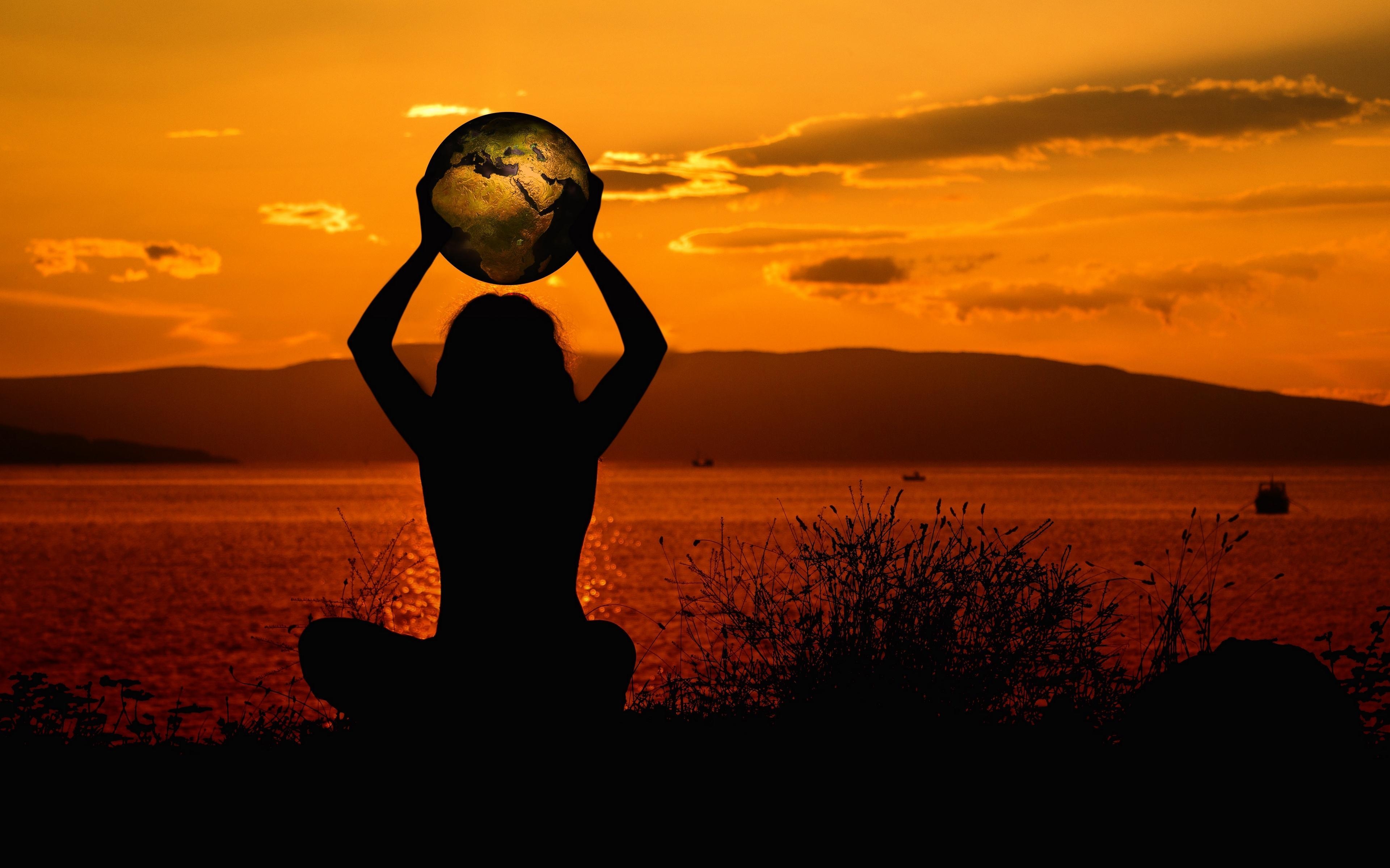 3840x2400 Download wallpaper  meditation, silhouette, earth, Desktop