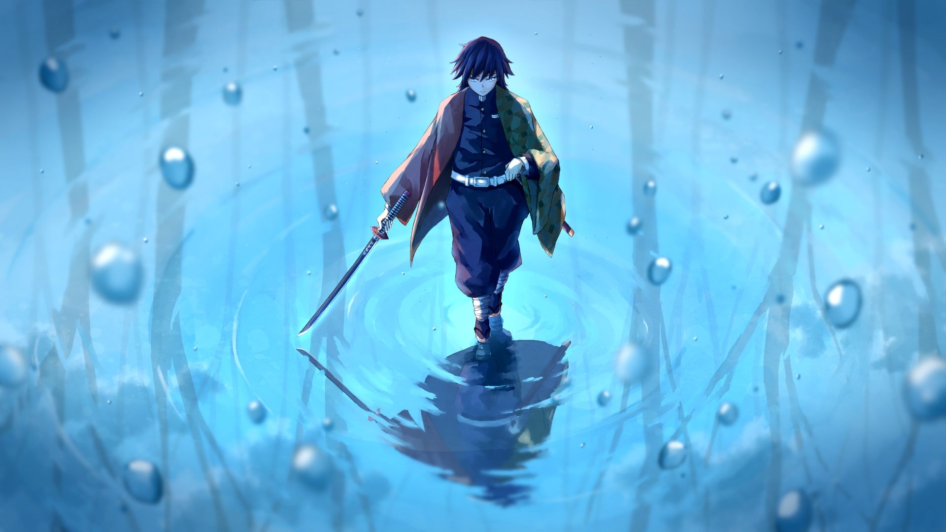 1920x1080 Demon Slayer Giyuu Tomioka With Sword Reflecting On Water With Background Of Blue Water And Bubbles HD Anime Wallpaper, Desktop