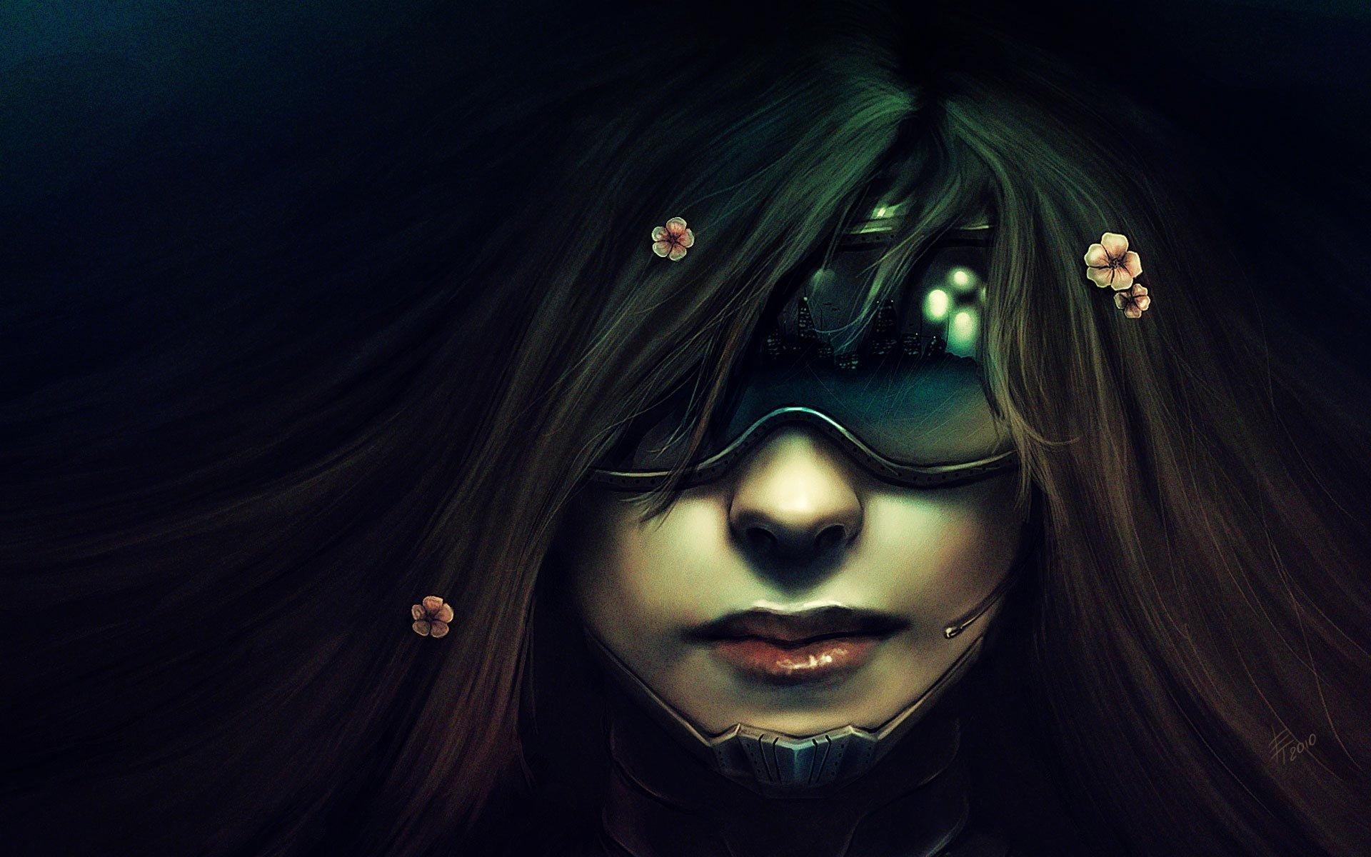 1920x1200 women, Flowers, Futuristic, Glasses, Long, Hair, Cyberpunk, Desktop