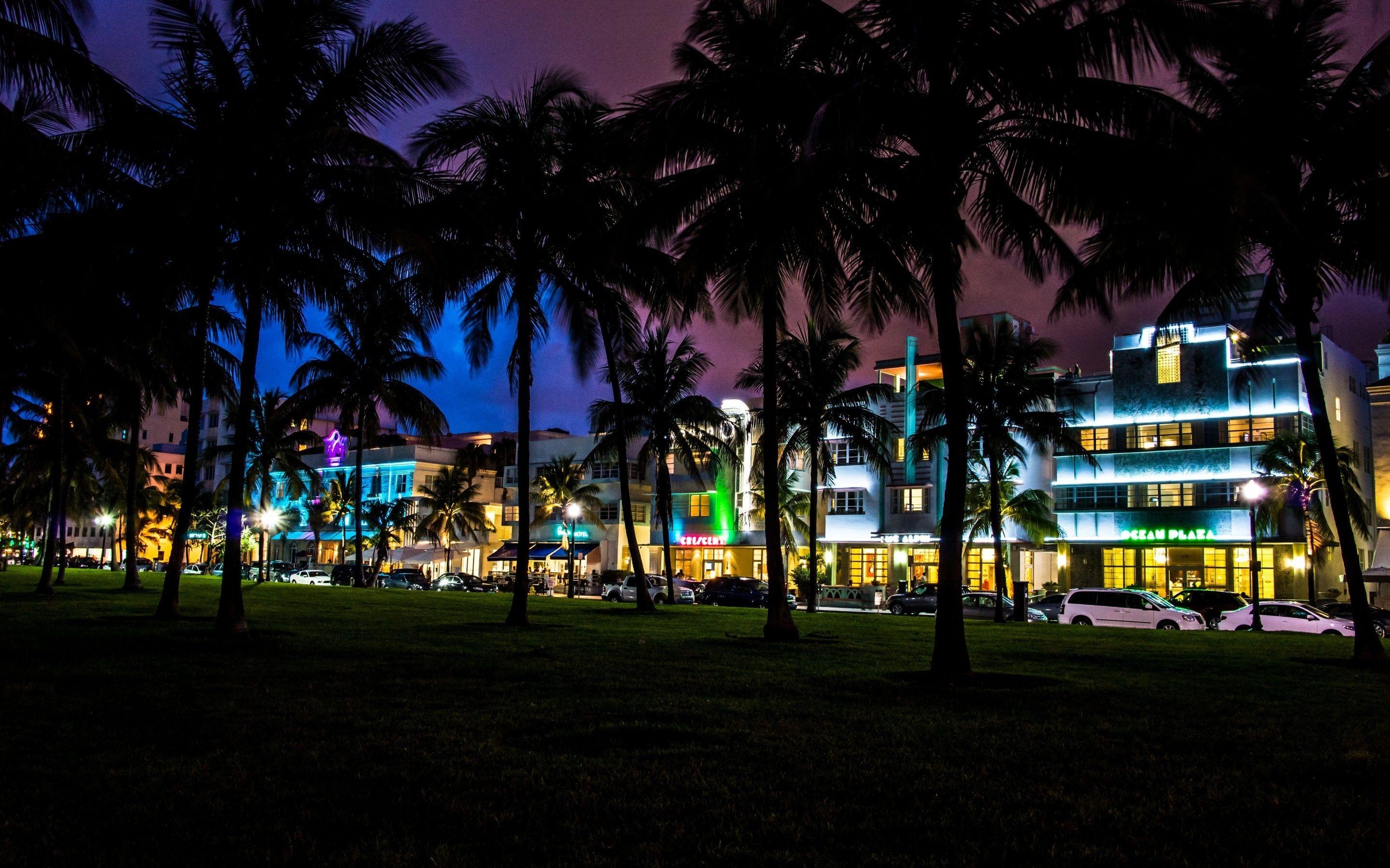 2880x1800 Wallpaper Miami, florida, South Beach, night, palm, car, house, Desktop