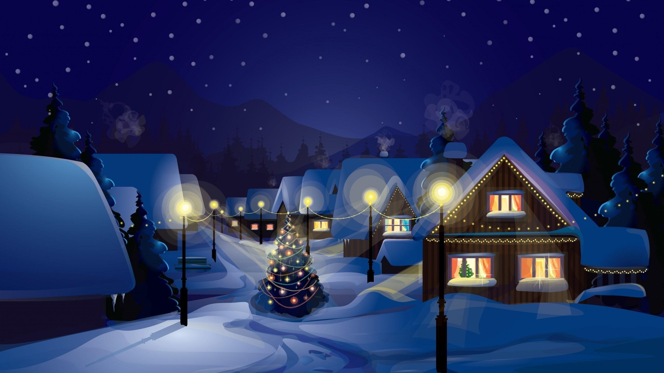 2560x1440 Christmas, Village, Christmas Tree, Snow Wallpaper HD, Desktop