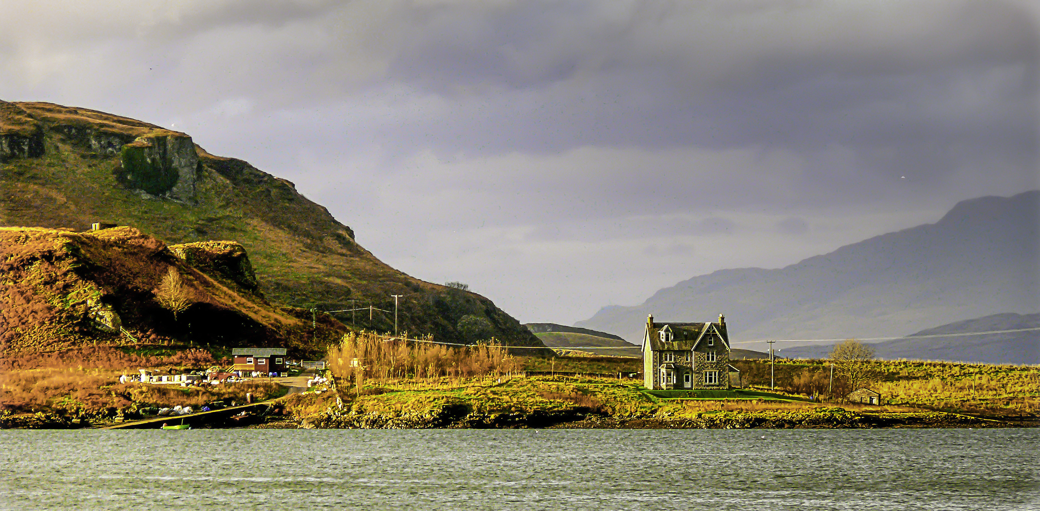 3570x1760 Wallpaper, Scotland, oban, coast, water, house, hillside, autumn, colours, shore, sunlight, golden, westcoast, Dual Screen