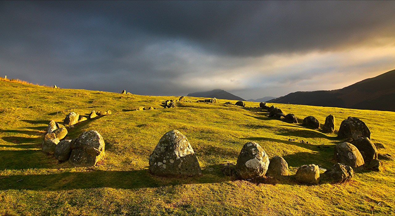 1280x700 Picture Thundercloud Nature Sky Grass Stones, Desktop