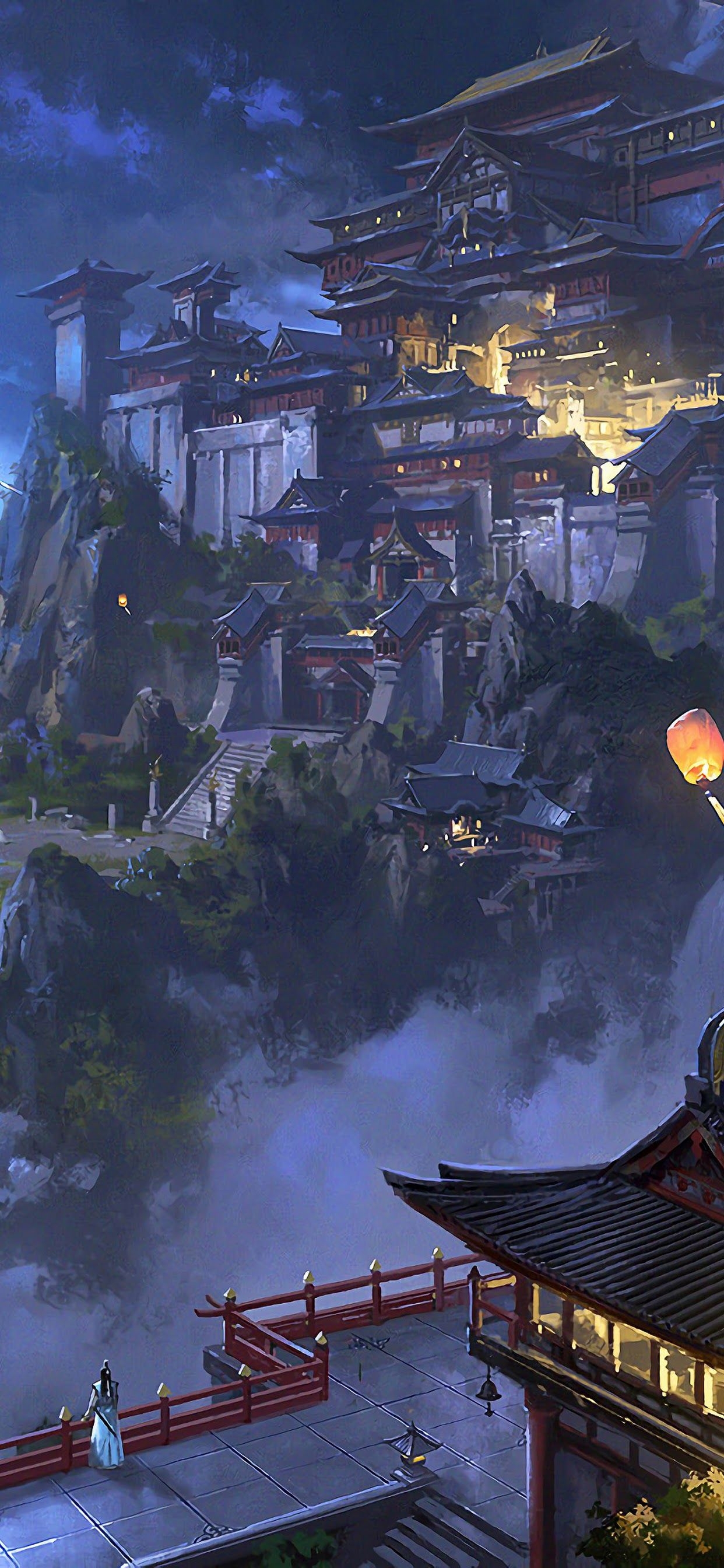 1250x2690 Anime, Sky Lantern, Mountain, Japanese, Castle, Night, 11, Phone