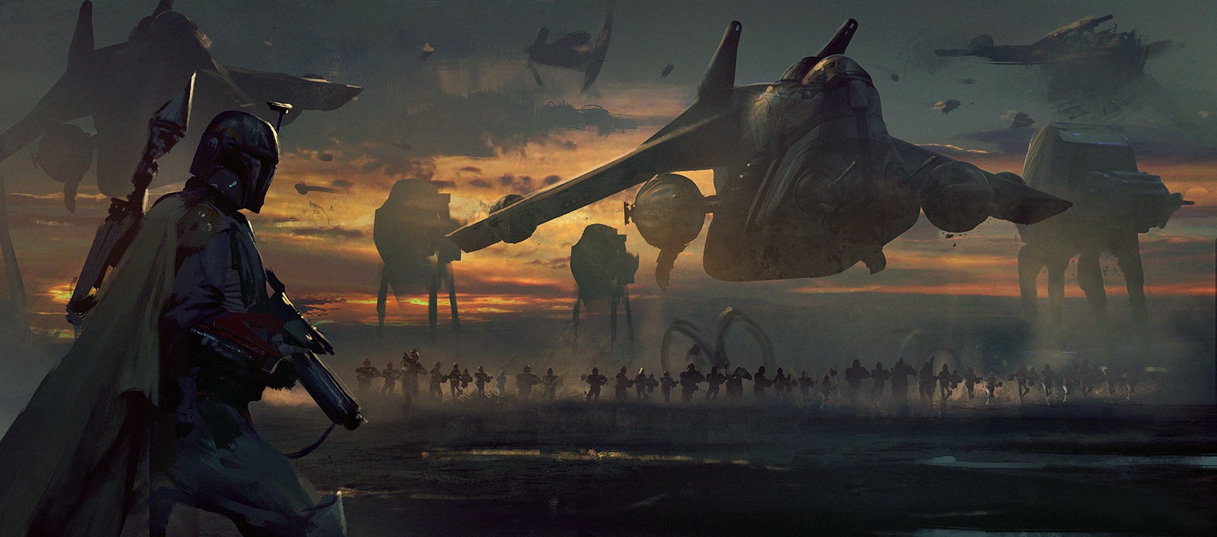 2450x1080 AT AT Walker, Spaceship, Star Wars, Boba Fett Wallpaper, Dual Screen