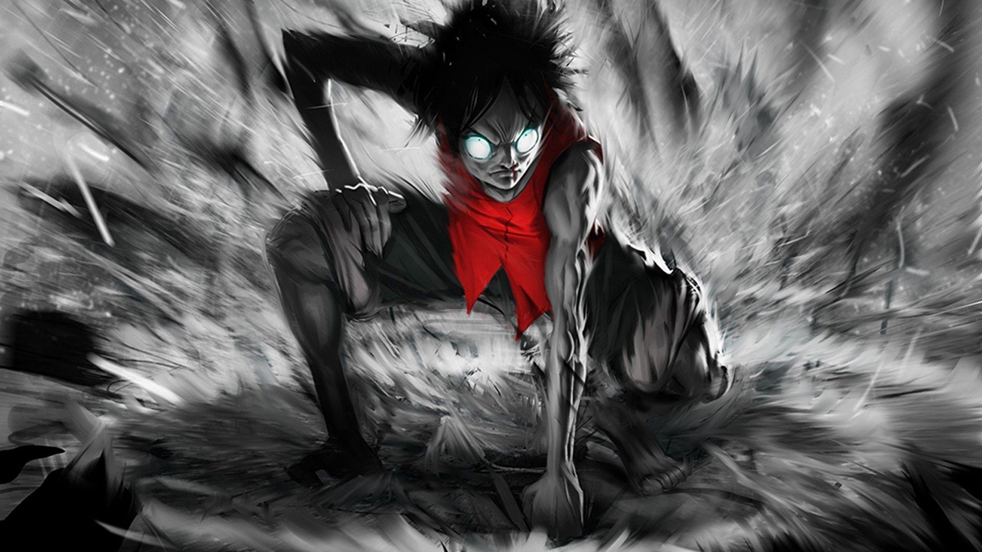 1920x1080 Wallpaper, anime, black hair, demon, One Piece, Monkey D Luffy, feather, darkness,  px, computer wallpaper, black and white, monochrome photography, fictional character, cg artwork, supernatural creature, Desktop