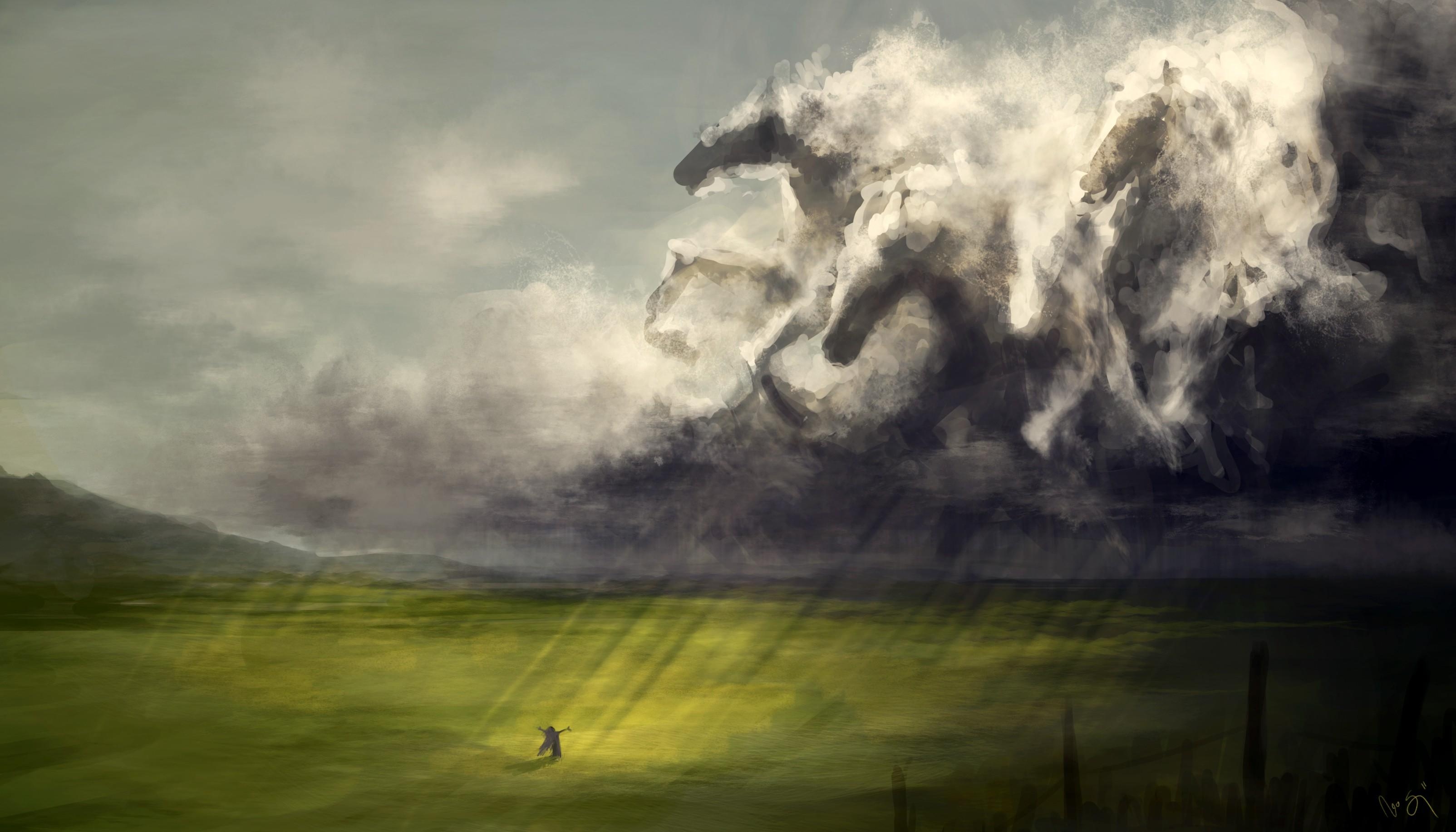 3210x1840 Freedom Nature Horse Art Painting Field Fence Man Sunlight Wallpaper, Desktop