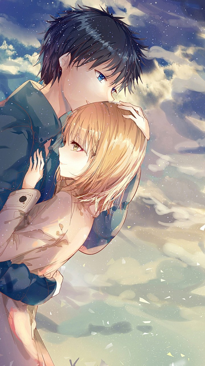 720x1280 Download  Anime Couple, Hug, Romance, Clouds, Scenic Wallpaper for Galaxy S Galaxy Note II, Galaxy Nexus, Alcatel One Touch Idol Ultra, Phone