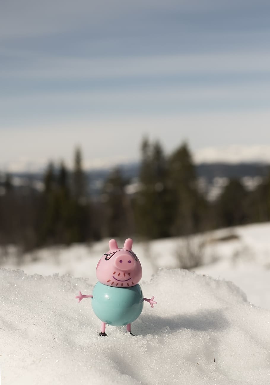 910x1300 HD wallpaper: daddy pig, peppa pig, toy, figure, cute, nature, view, snow, Phone