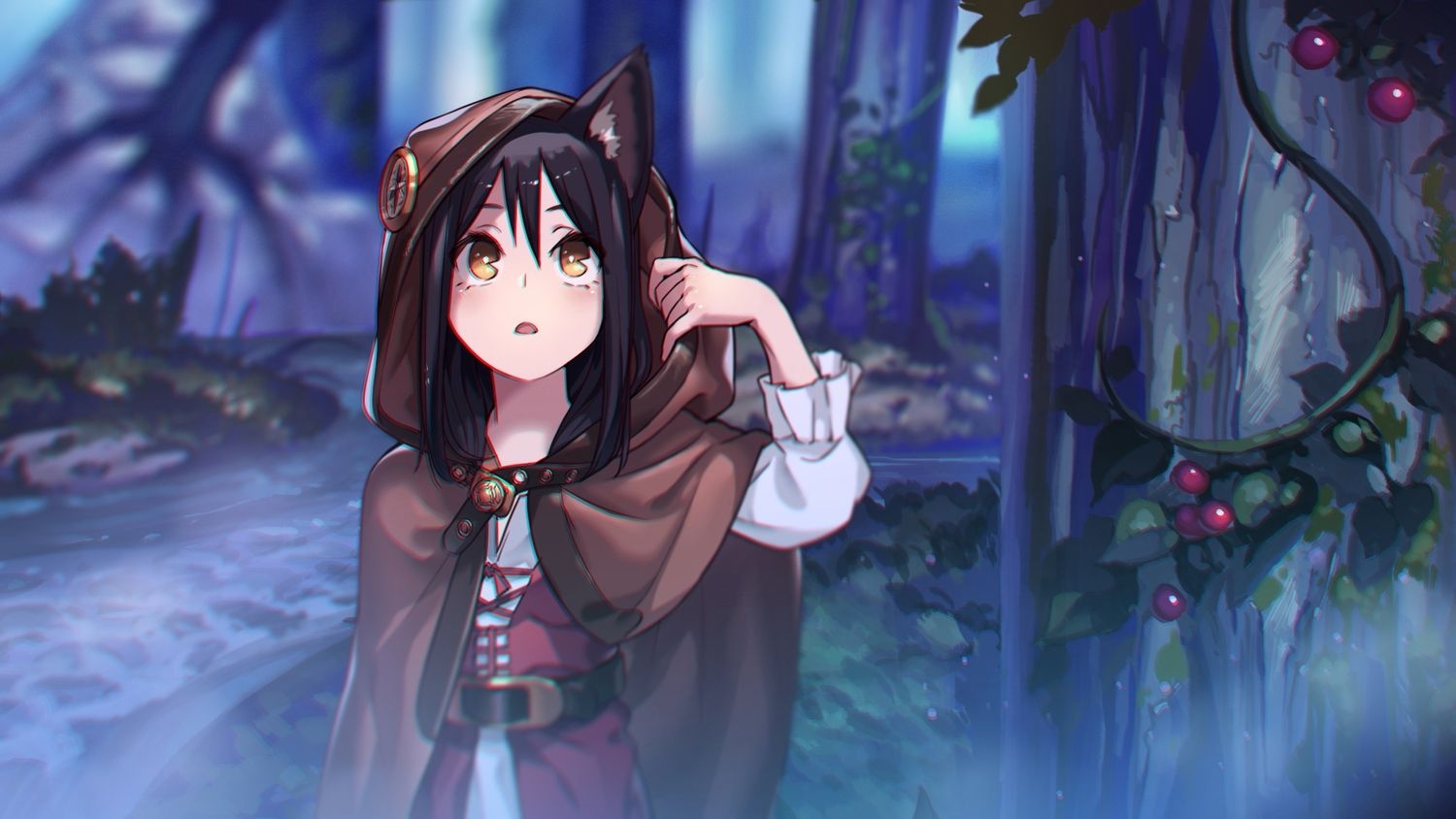 1500x850 animal ears black hair brown eyes hoodie kento1202 leaves night, Desktop