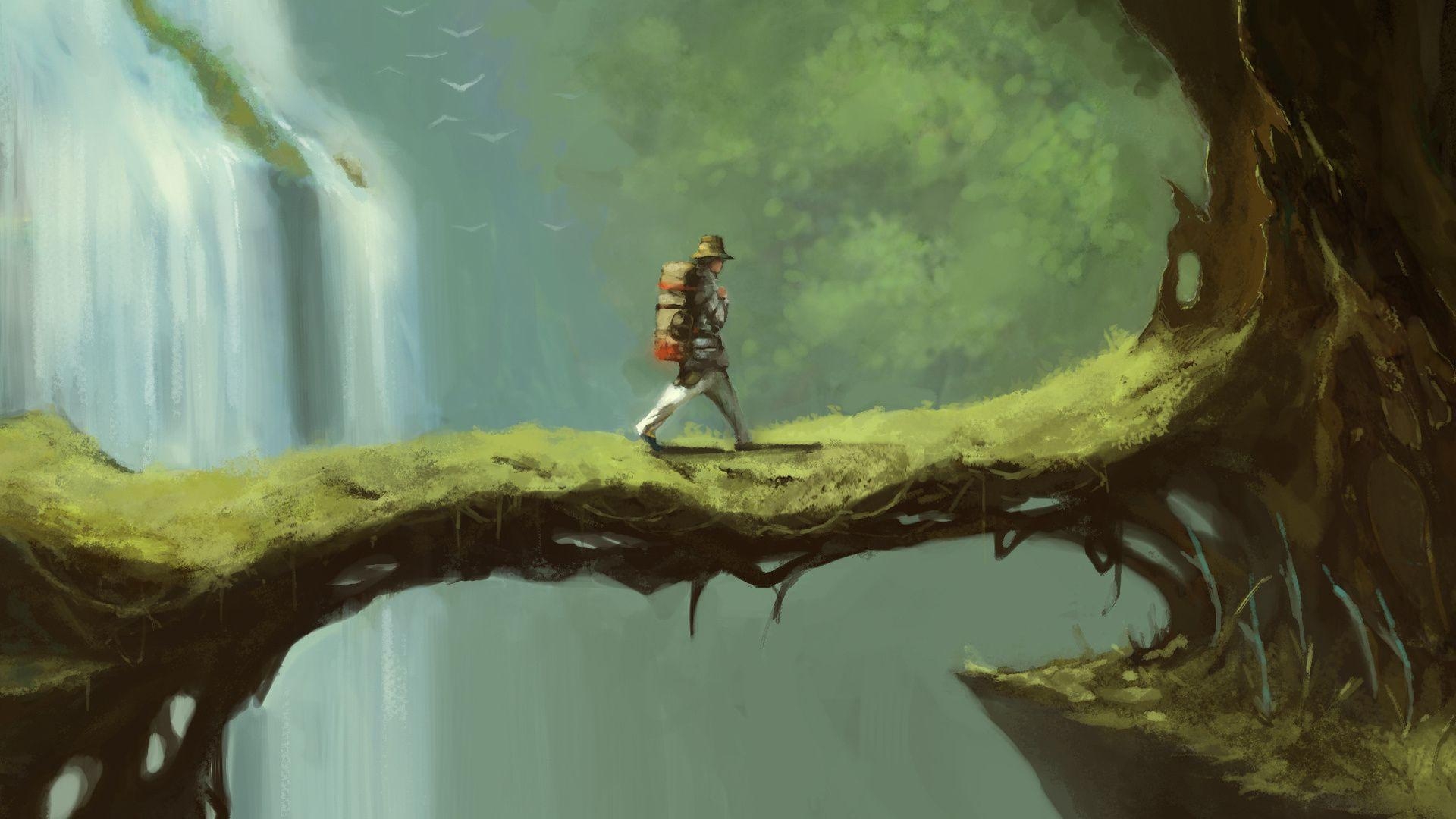 1920x1080 People, The Bridge, Tree, Art, Waterfall, Vines, Backpack, Desktop