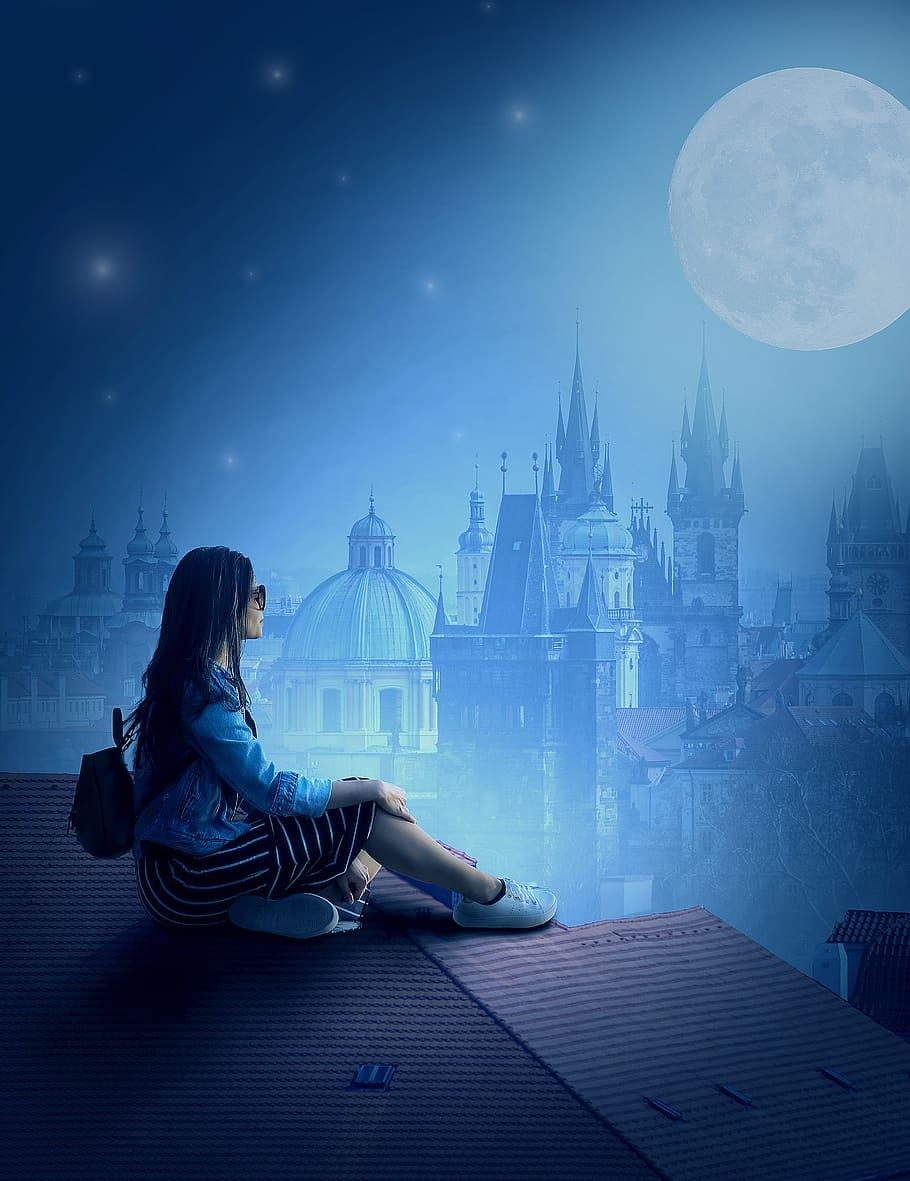 910x1190 HD wallpaper: prague, moon, girl, women, darkness, spirituality, thinking, Phone