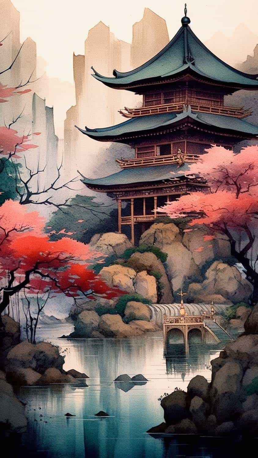 850x1500 Japan Temple Art iPhone Wallpaper 4K, Phone