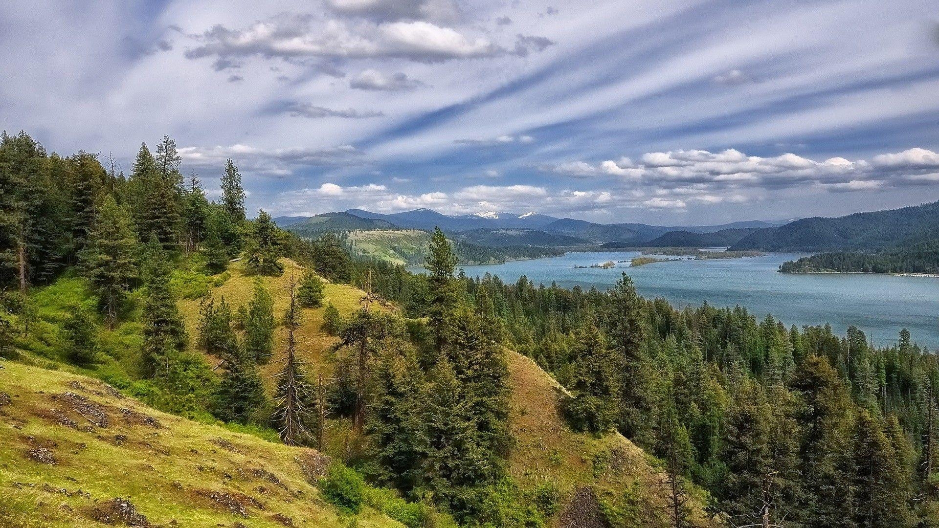 1920x1080 Lakes: Beautiful Lake Coeur Alene Idaho Mountains Forests Clouds, Desktop