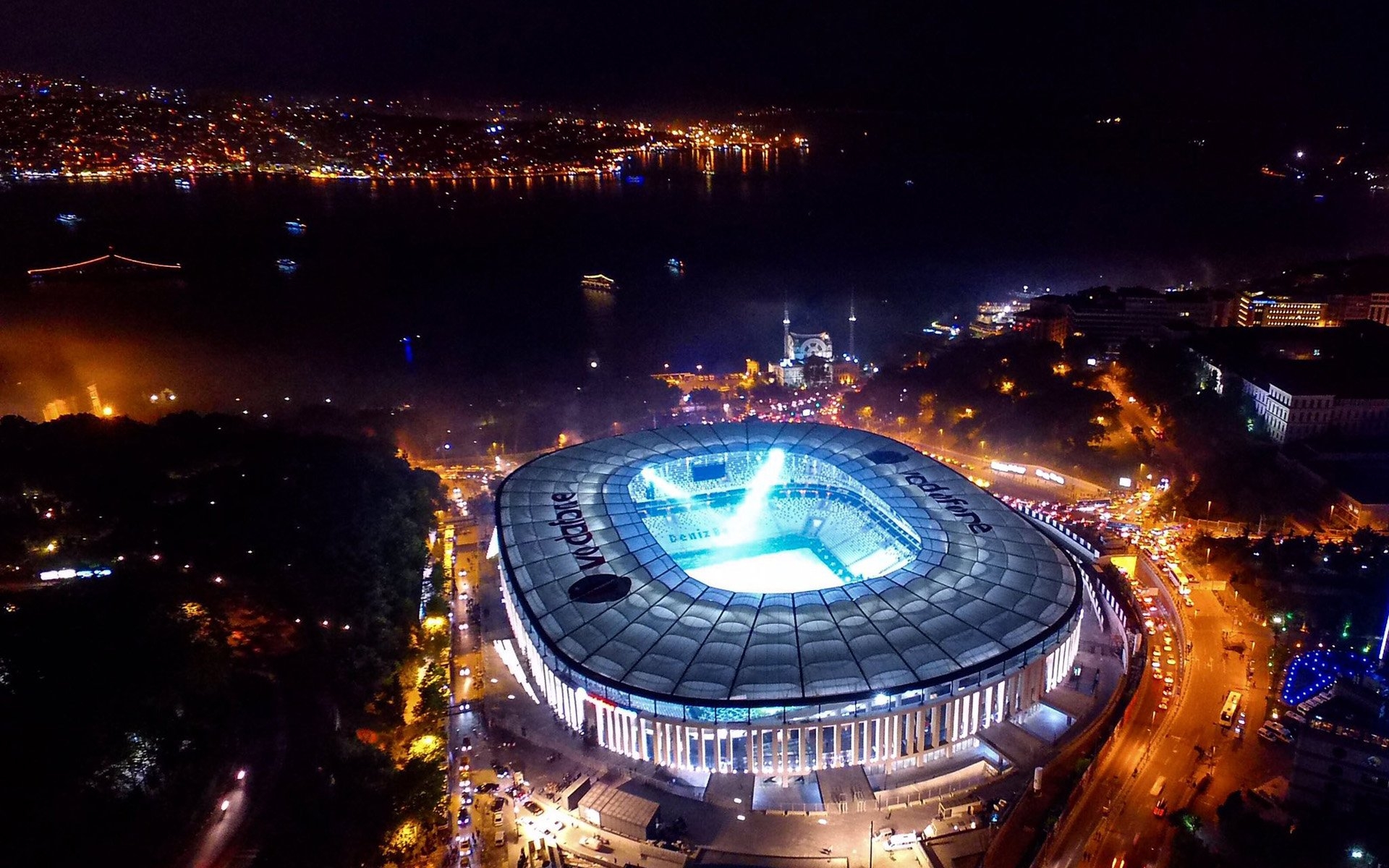 1920x1200 Download wallpaper Vodafone Park, night, aerial view, football stadium, BJK, Vodafone Arena, soccer, Besiktas stadium, Turkey, turkish stadium, Besiktas for desktop with resolution. High Quality HD picture wallpaper, Desktop