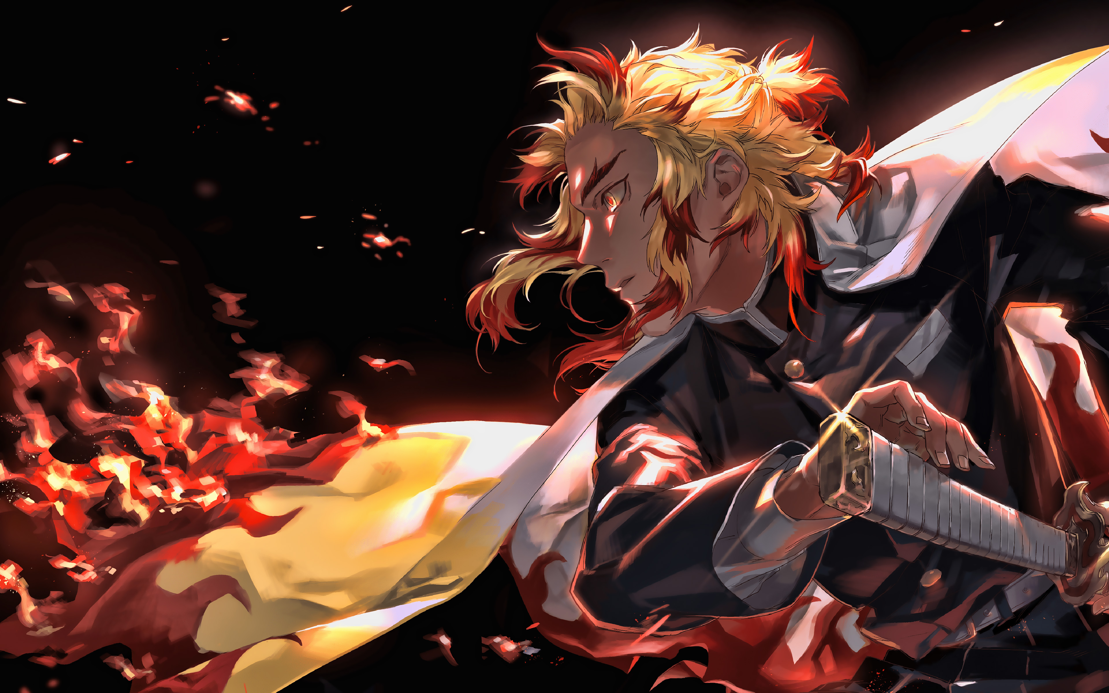 3840x2400 Download wallpaper 4k, Zenitsu Agatsuma, fire, Demon Hunter, Kimetsu no Yaiba, warrior, Demon Slayer, manga, katana, Zenitsu Agatsuma with sword for desktop with resolution. High Quality HD picture wallpaper, Desktop