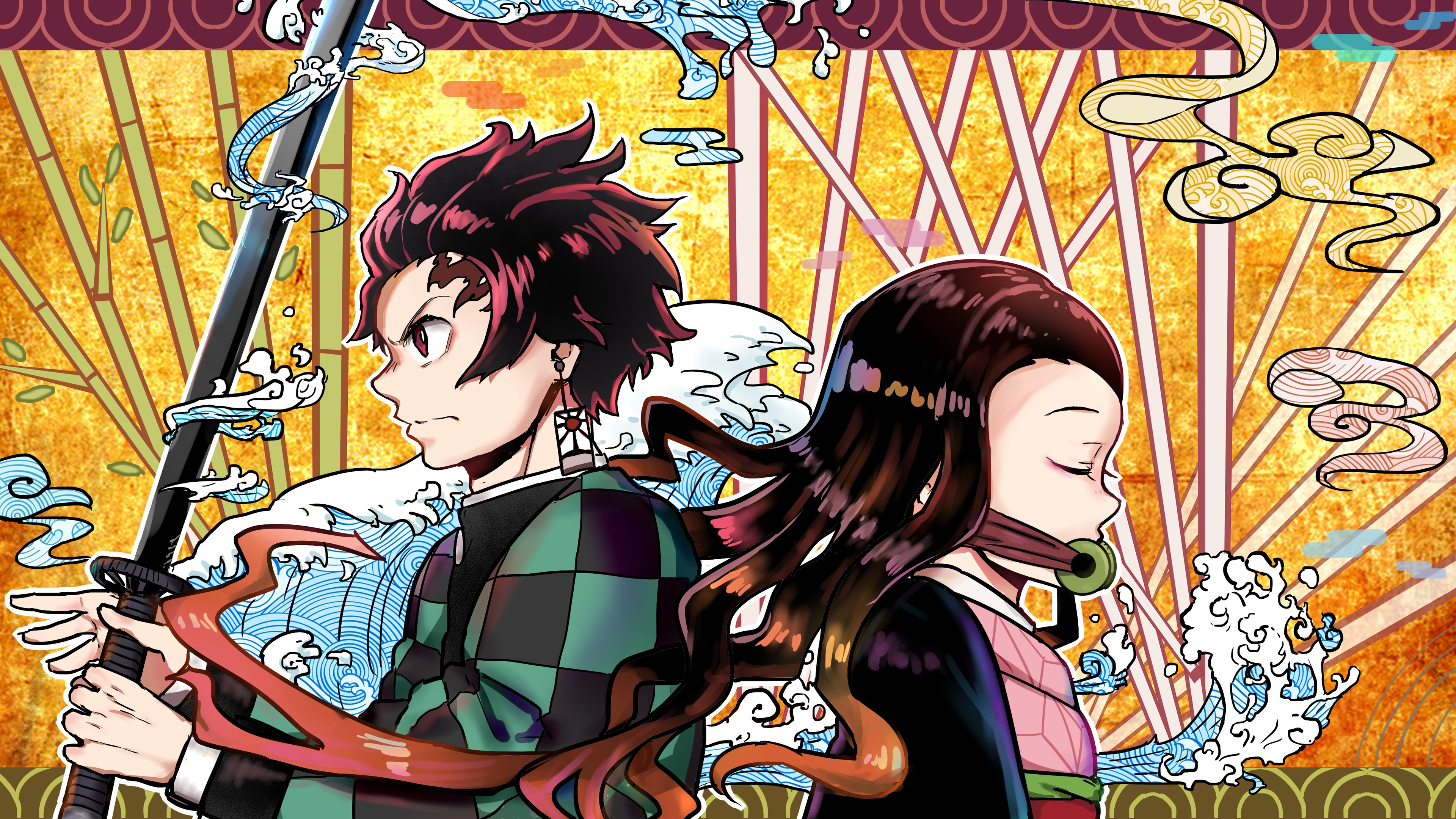 3840x2160 Demon Slayer Nezuko Kamado With Long Hair Tanjirou Kamado Having Sword With Background Of Yellow Green And Brown Abstract 4K HD Anime Wallpaper, Desktop