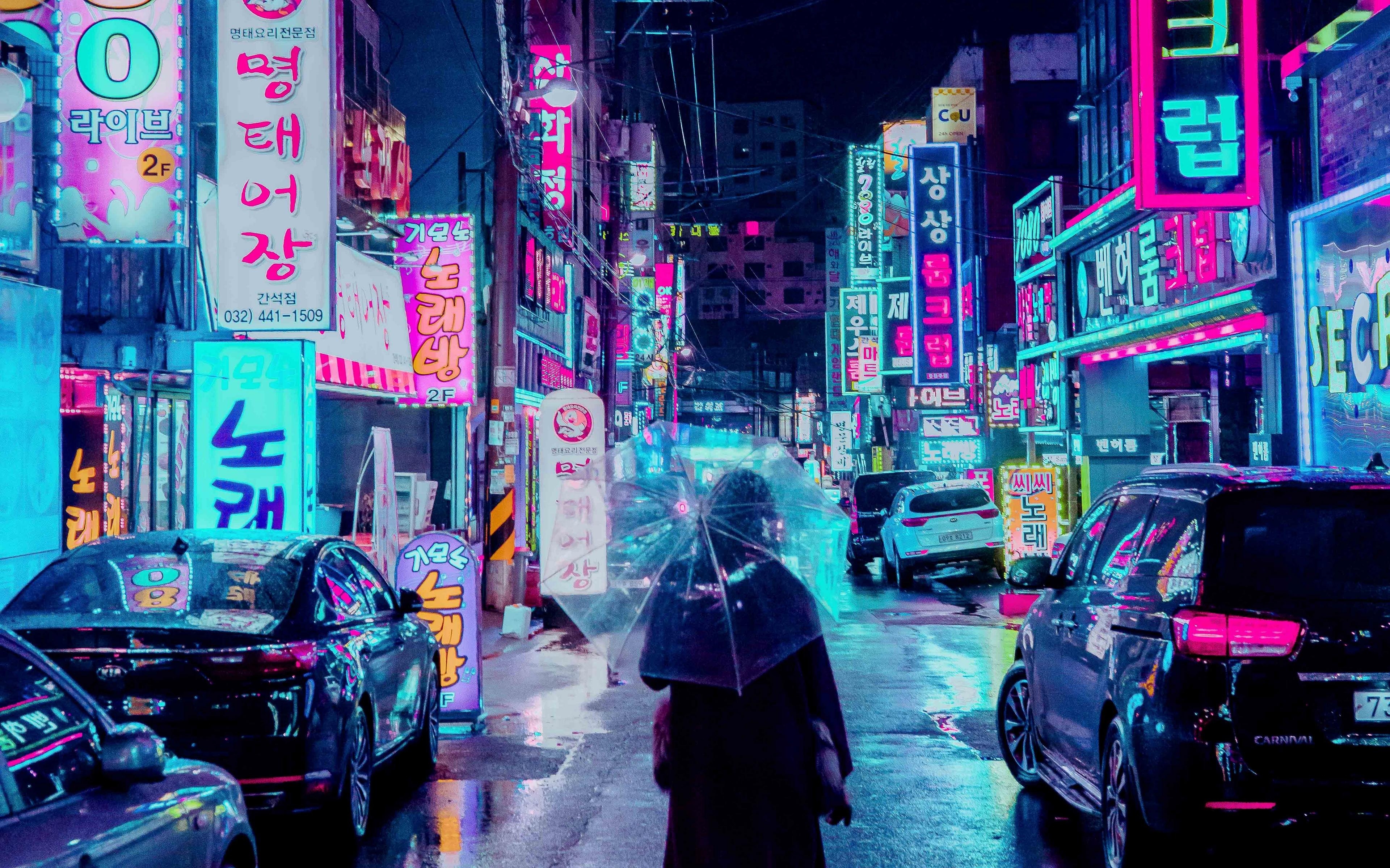 3840x2400 Download wallpaper  night city, street, umbrella, Desktop